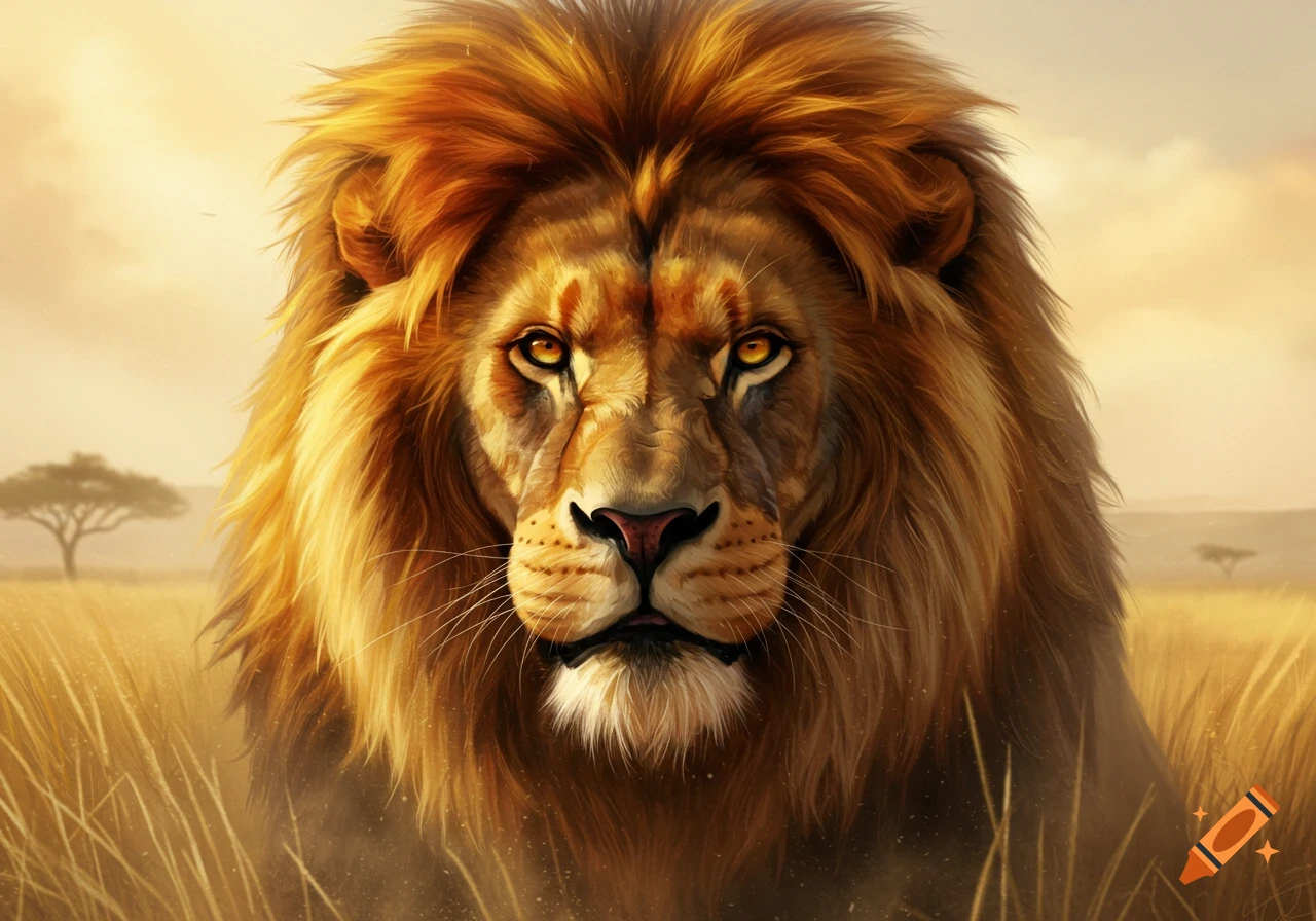 Close-up, photorealistic illustration of a male lion with a flowing mane staring forward in a golden savanna.