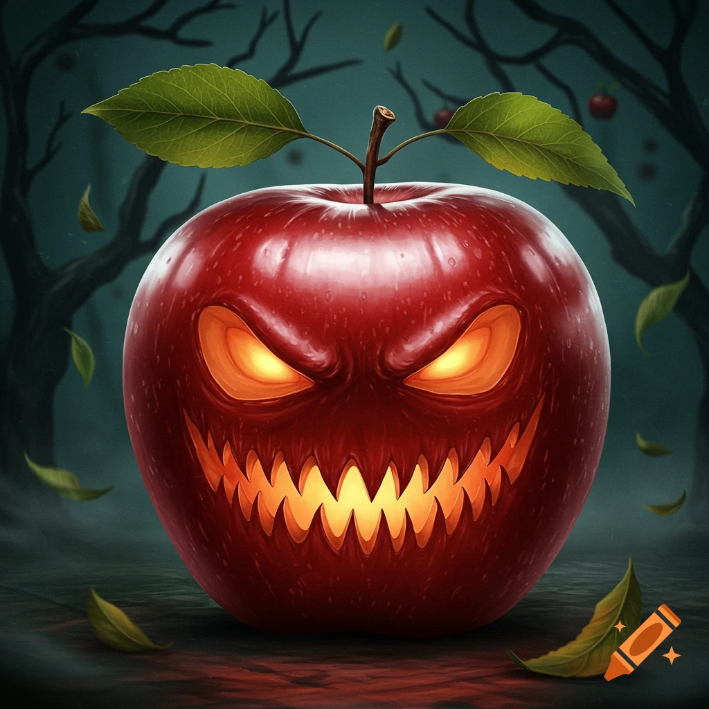 A red apple with a carved, glowing scary face like a jack-o'-lantern, set against a dark, spooky forest background with falling leaves.