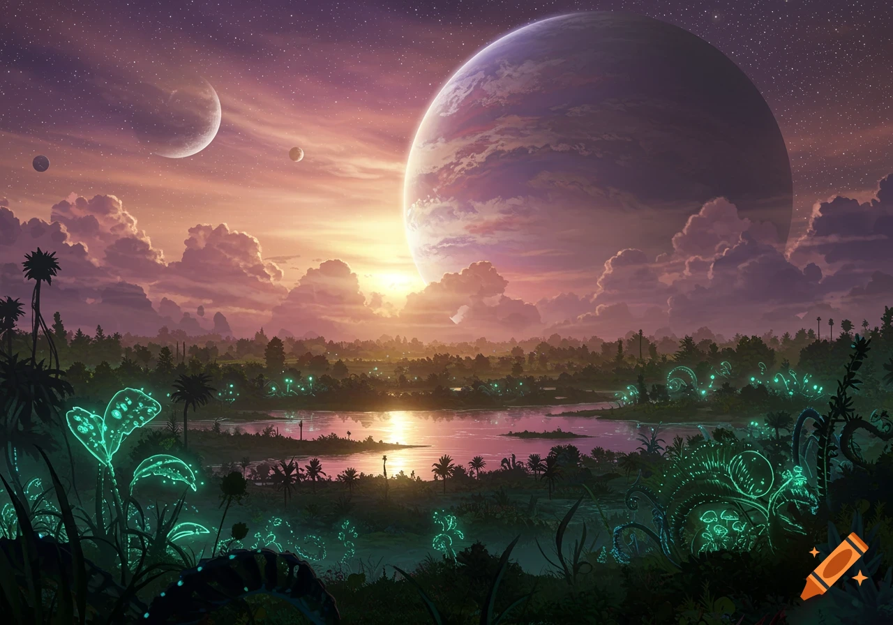 Vibrant alien landscape with multiple planets in a twilight sky, a lake, and glowing bioluminescent plants.