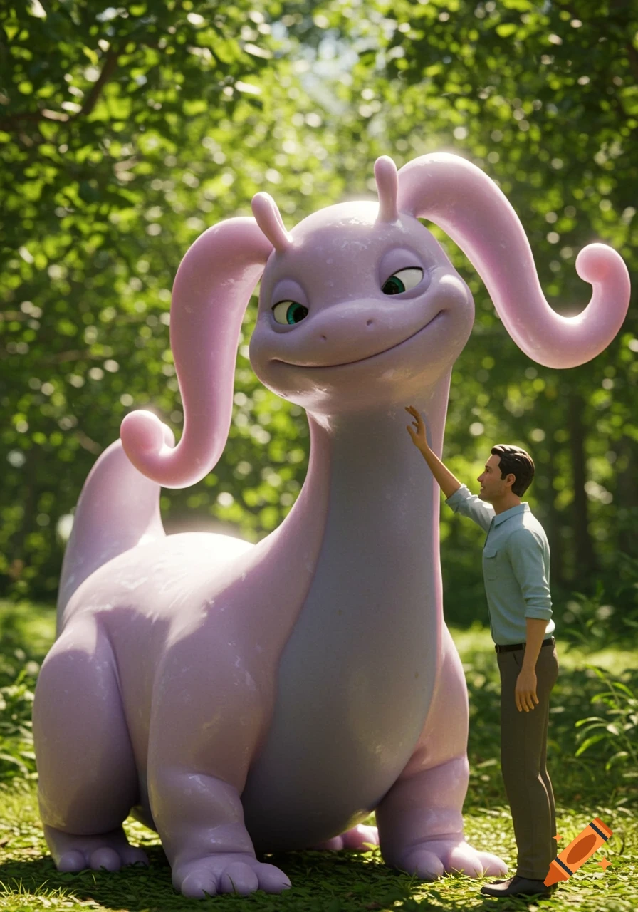A photorealistic image of a large, friendly pink Goodra being patted by a man in a sunny forest.
