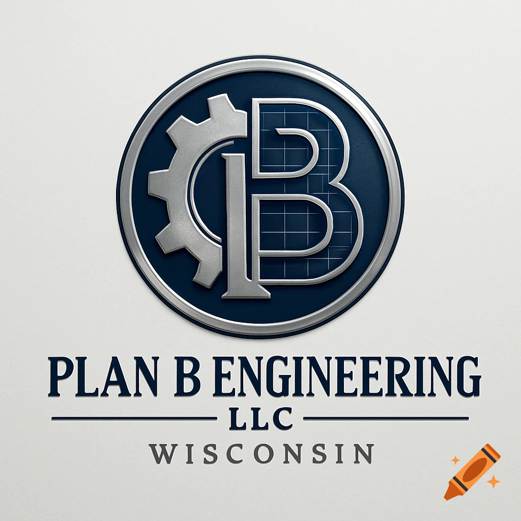3D rendered logo for Plan B Engineering LLC Wisconsin, featuring a silver gear and intertwined PB letters within a blue circle.
