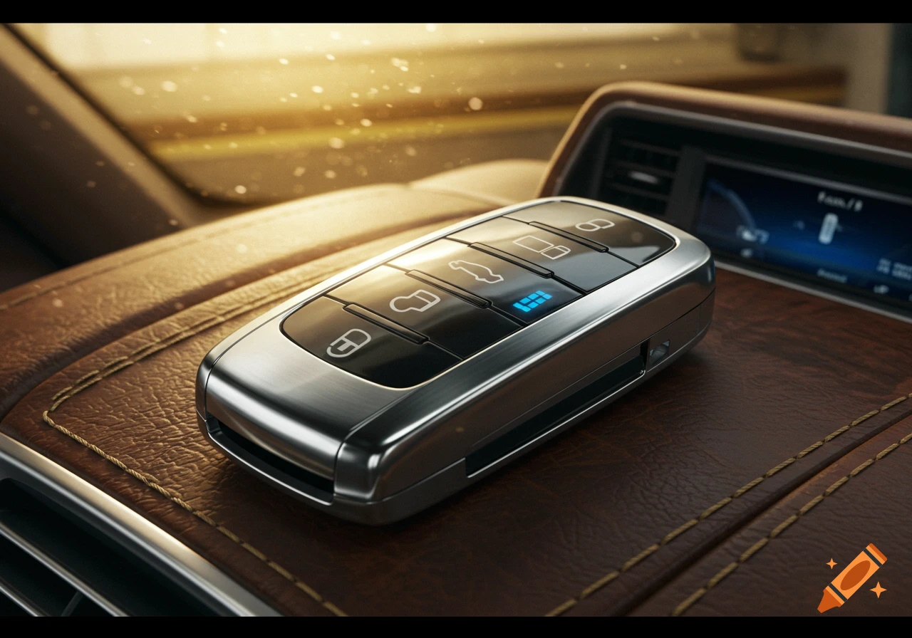 A sleek, metallic car key fob with black buttons rests on a brown leather car dashboard, bathed in warm sunlight.