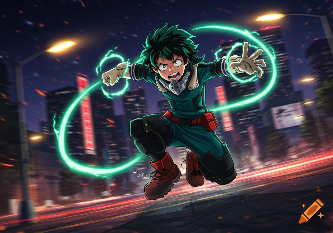 A dynamic anime illustration of Deku from My Hero Academia, with green lightning, jumping in a nighttime city.