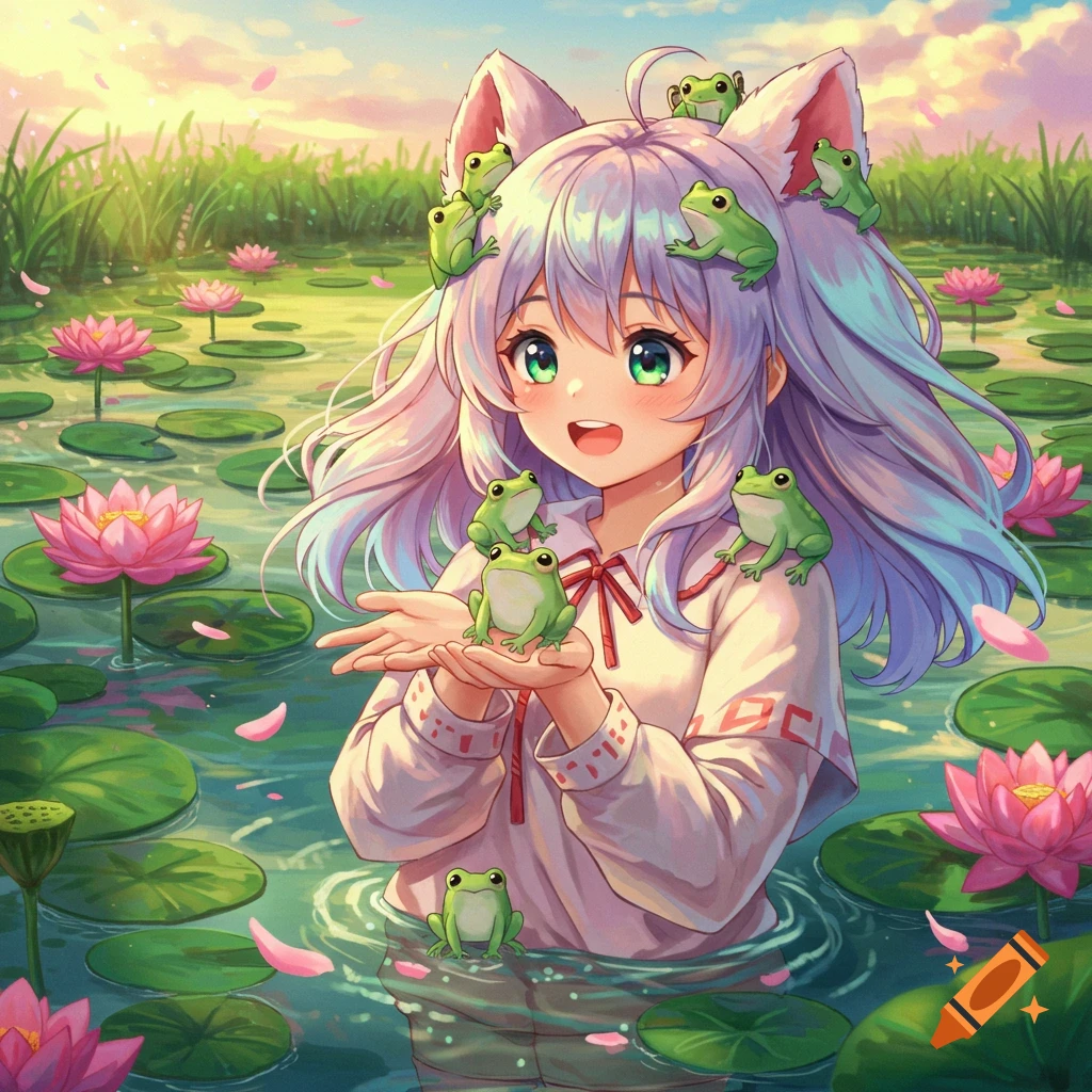 A joyful anime girl with purple hair and cat ears stands in a lily pad pond, covered in small green frogs.