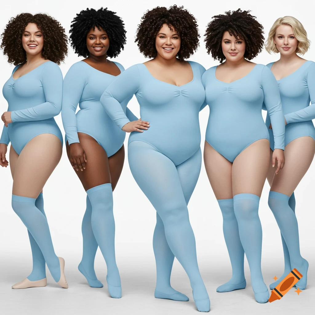 Five diverse plus-size women wearing light blue long-sleeve leotards and matching footed tights, posing against a white background.