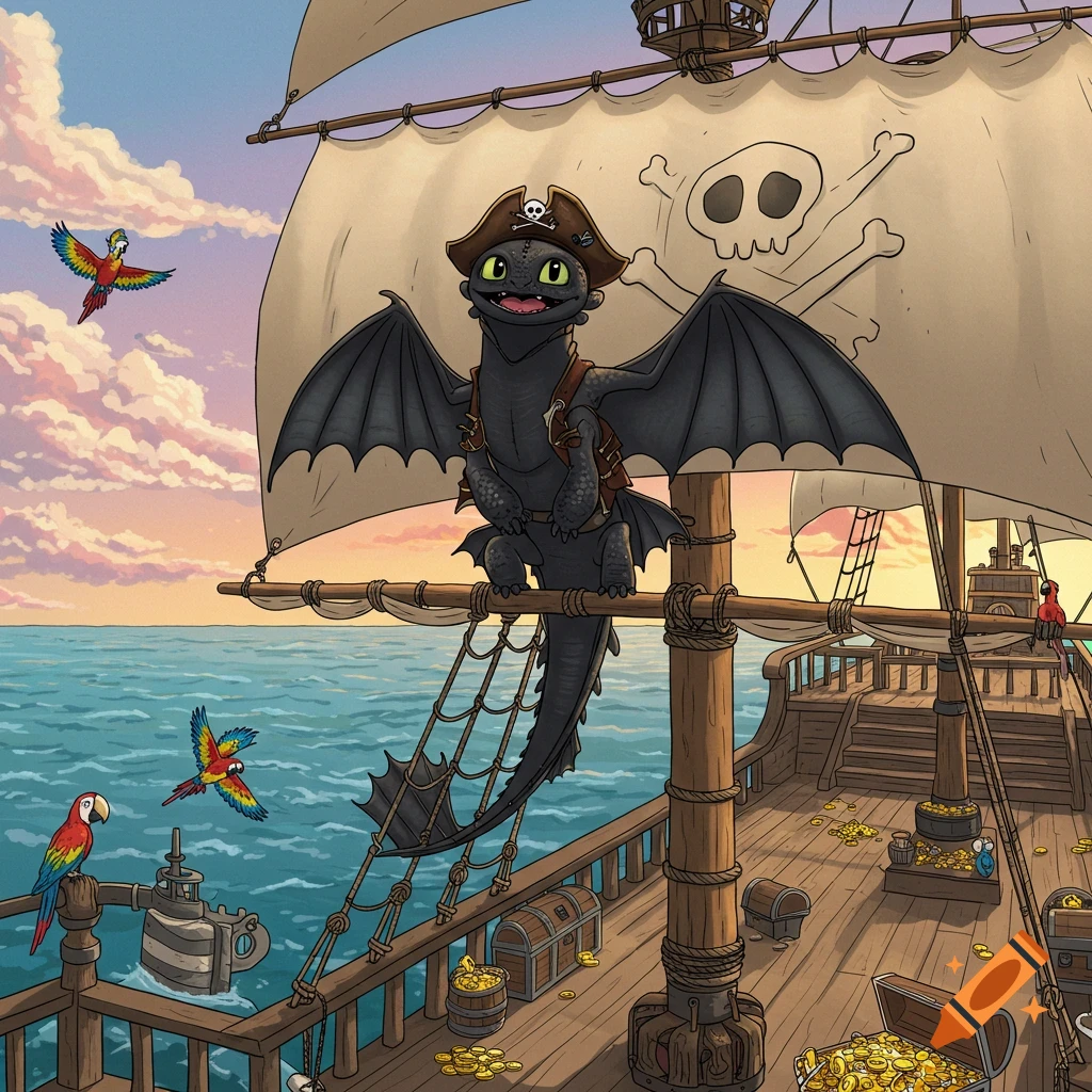 A cartoon black dragon with a pirate hat on a pirate ship at sunset, with parrots and treasure.
