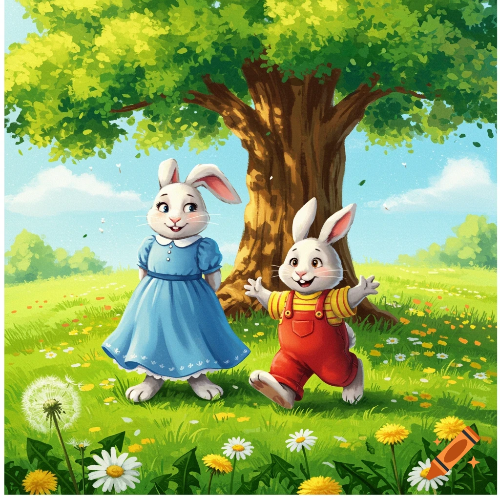 Two cartoon bunnies, one in a blue dress and one in red overalls, in a vibrant green field with flowers and a large tree.