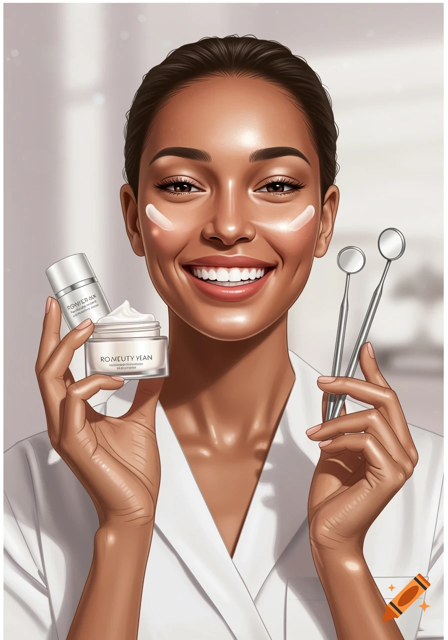 A smiling woman with cream on her cheeks holds a jar of cosmetic cream and a bottle in one hand, and two dental mirrors in the other, in an illustrated style.