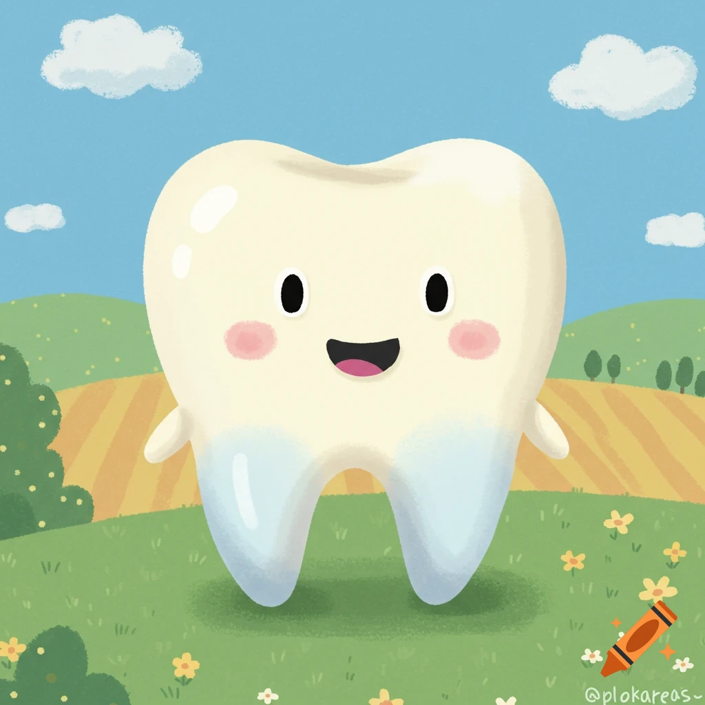 A happy cartoon tooth character with rosy cheeks stands in a grassy field with hills and clouds under a blue sky.