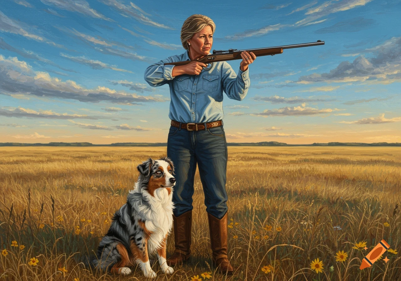 A woman with a rifle and an Australian Shepherd dog stands in a golden field under a cloudy sky.