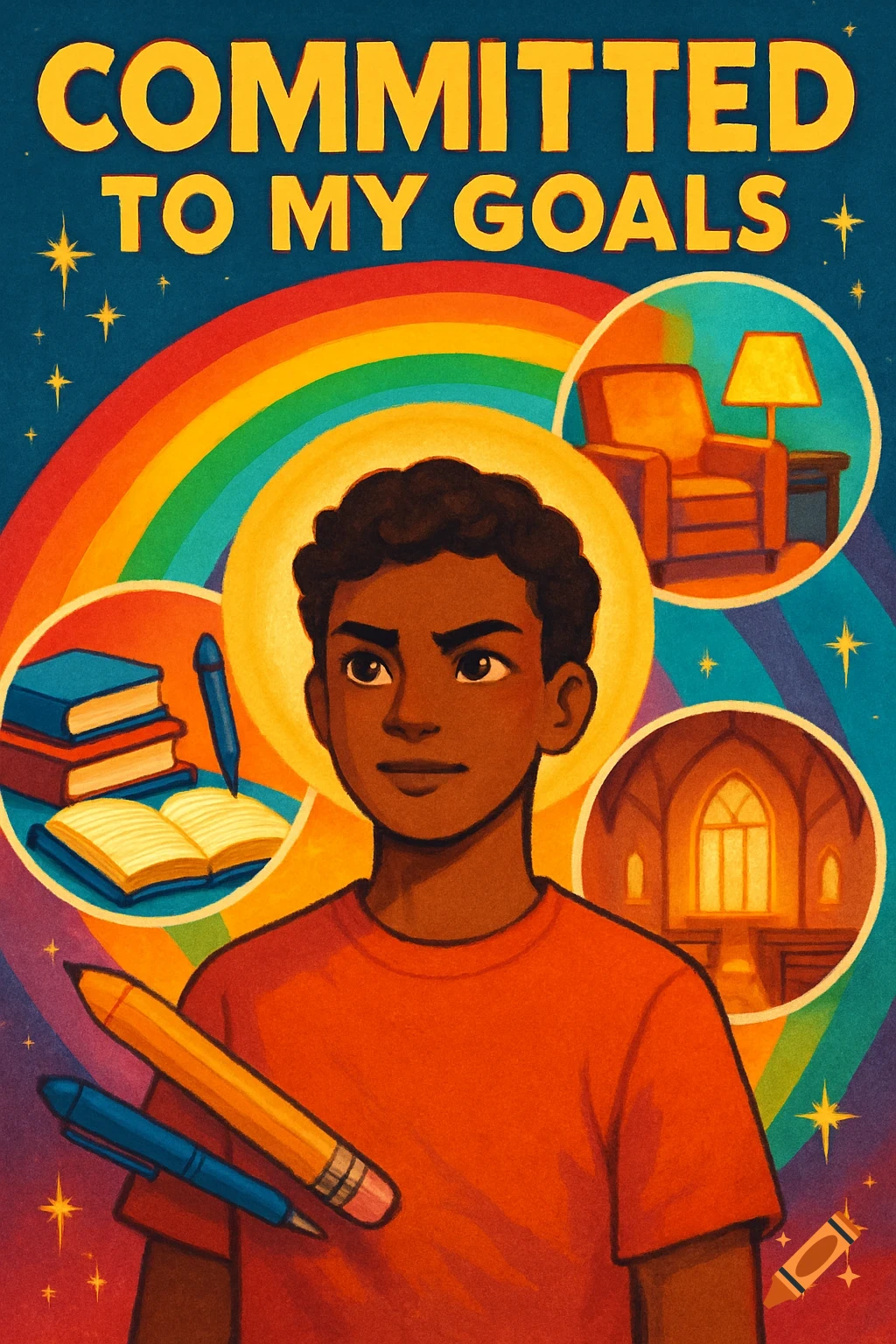 Colorful poster illustration of a young person with a bright halo, surrounded by circular images representing school, home, and church, with a rainbow arching overhead and text reading "COMMITTED TO MY GOALS."