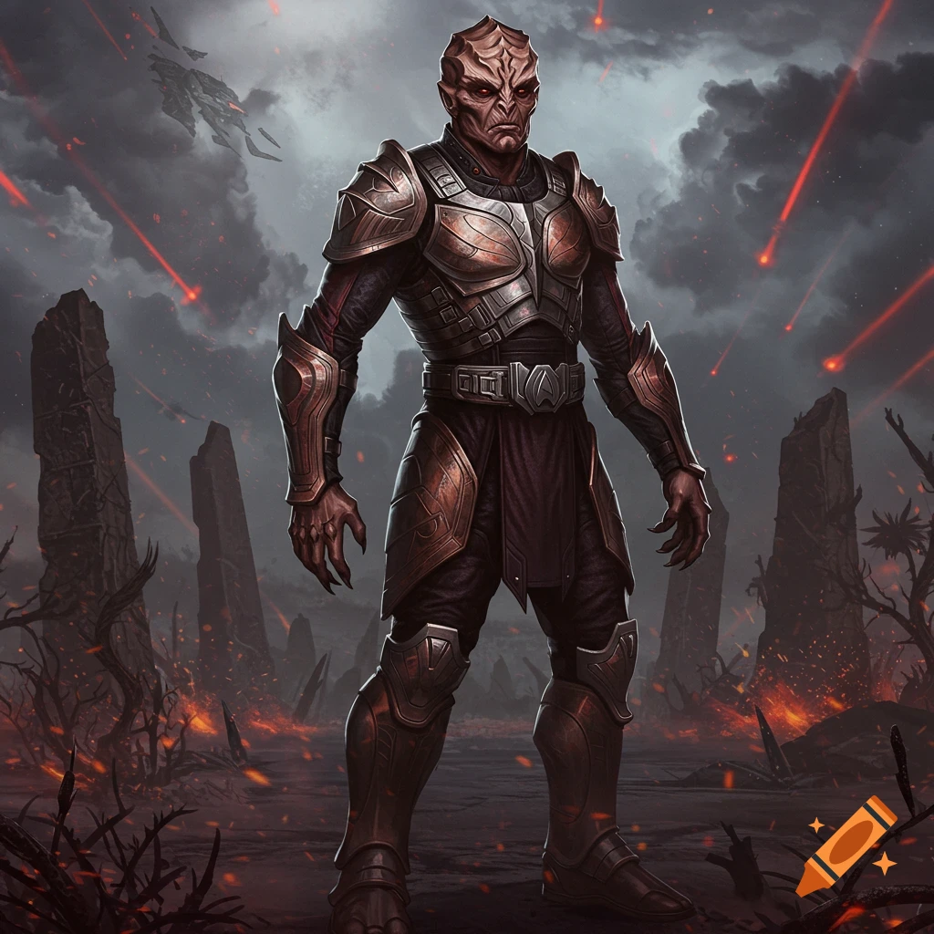 A menacing alien warrior in bronze and silver armor stands in a desolate, rocky landscape with red meteors falling from a dark sky.