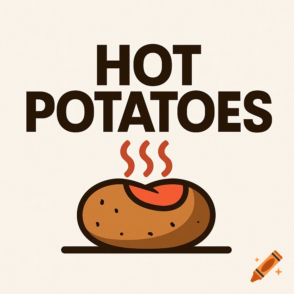 A minimalist logo for Hot Potatoes featuring bold dark text and an illustration of a steaming baked potato.