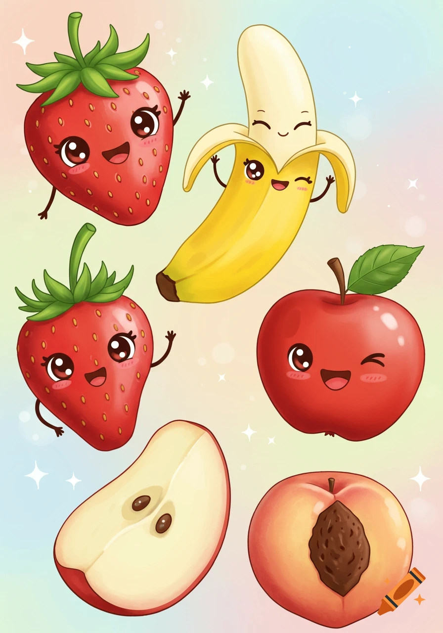 Cute cartoon strawberries, banana, apple, and peach with smiling faces on a pastel background.