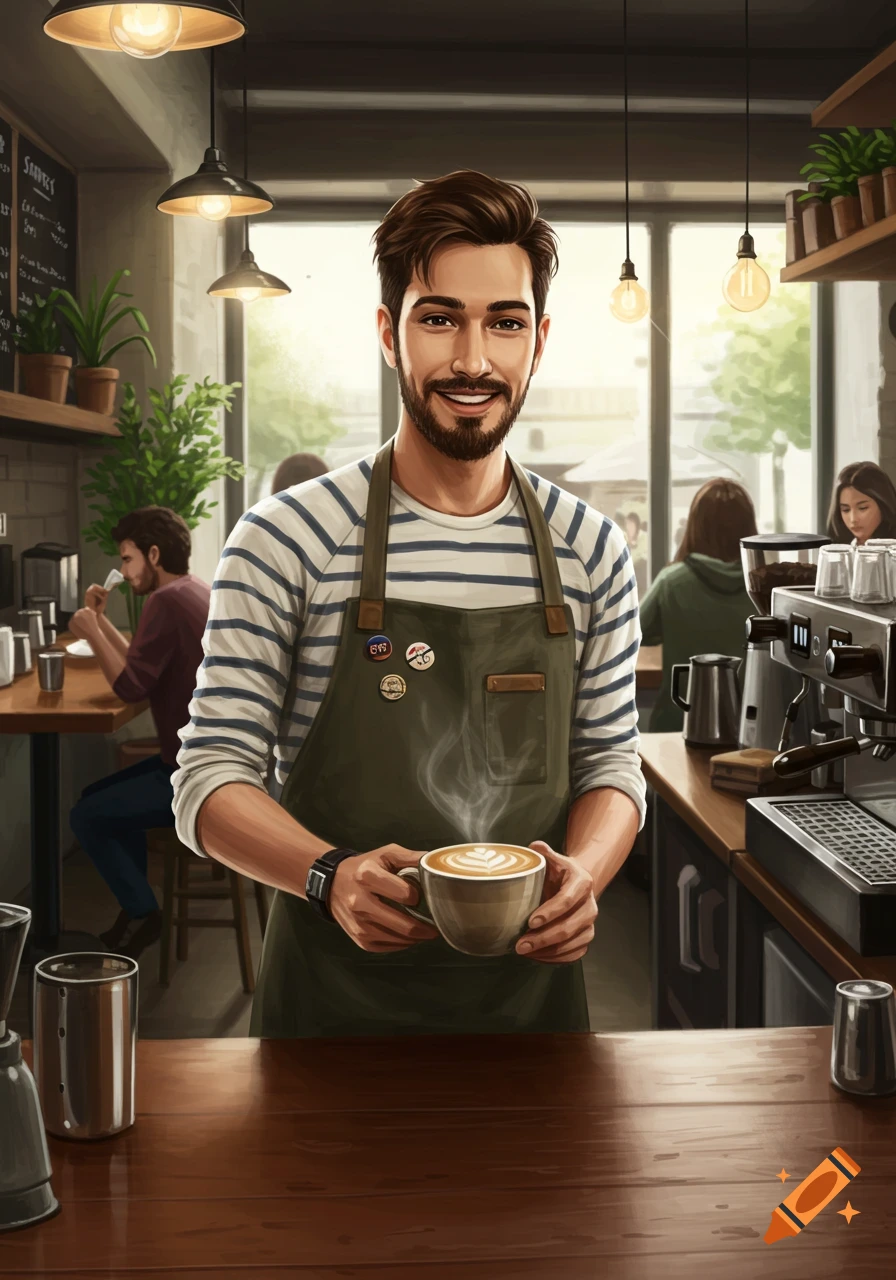 A smiling male barista with a beard and striped shirt stands behind a counter in a bustling coffee shop, holding out a steaming latte with latte art.