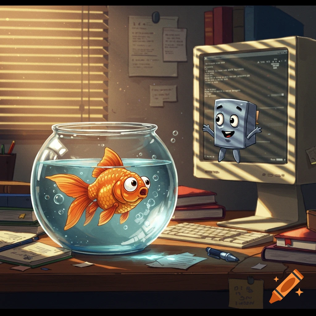 A surprised goldfish in a bowl looks at a cartoon paperclip character on a retro computer monitor in a sunlit office.
