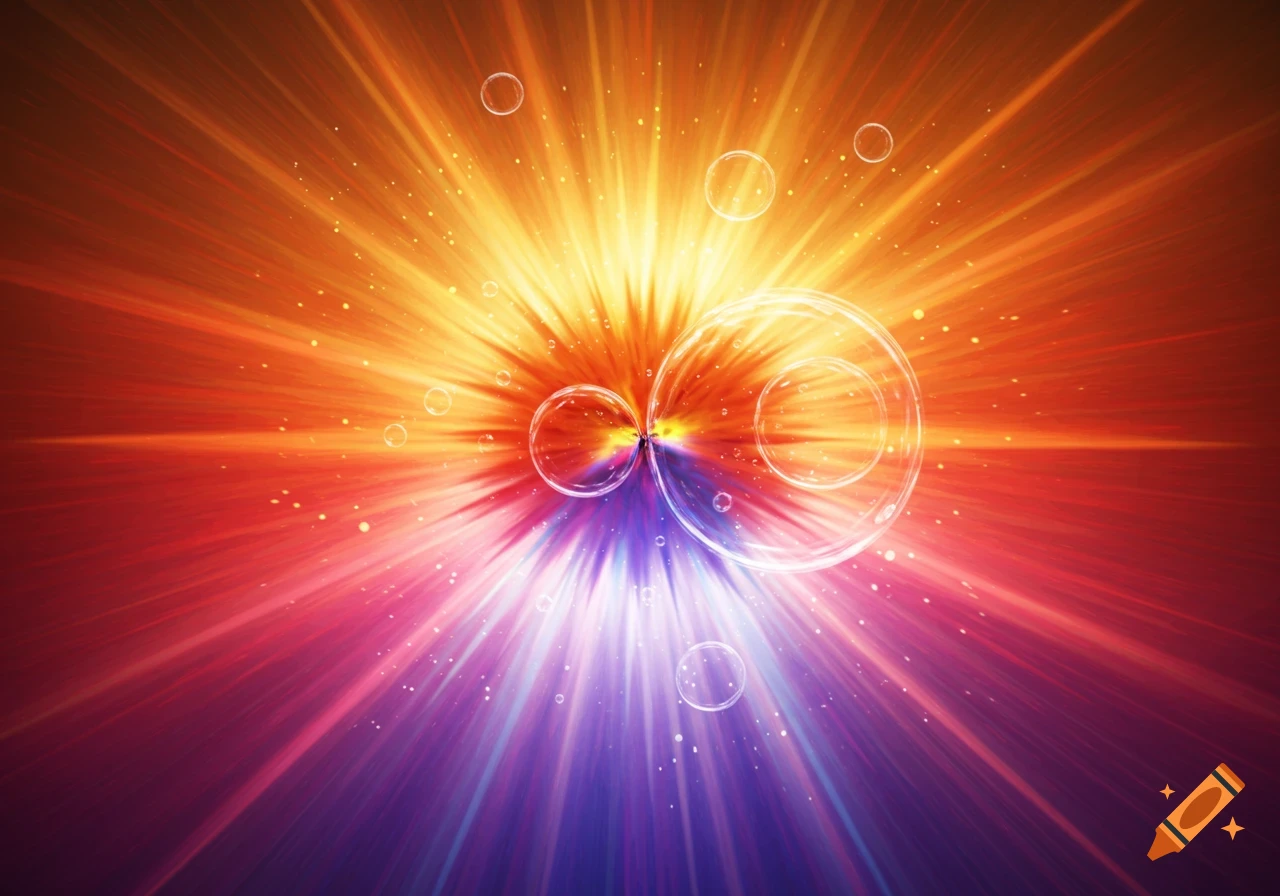 Vibrant abstract light burst with orange, red, and purple rays, sparkling particles, and clear bubbles.
