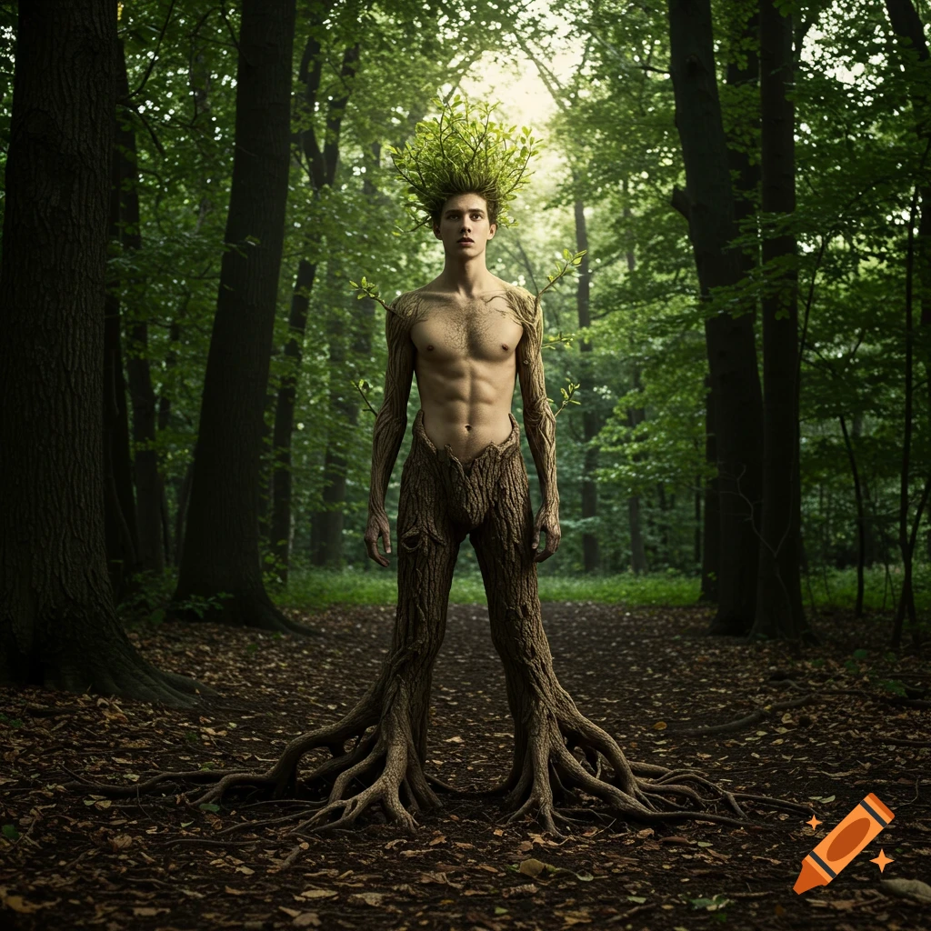 Photorealistic image of a man with tree roots for feet, bark-like legs, and leaves for hair, standing in a forest.