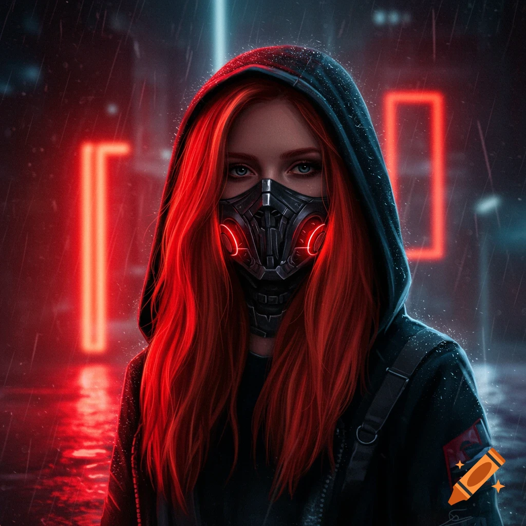 Photorealistic portrait of a redhead woman in a black hoodie and glowing red futuristic mask in a rainy, neon city at night.
