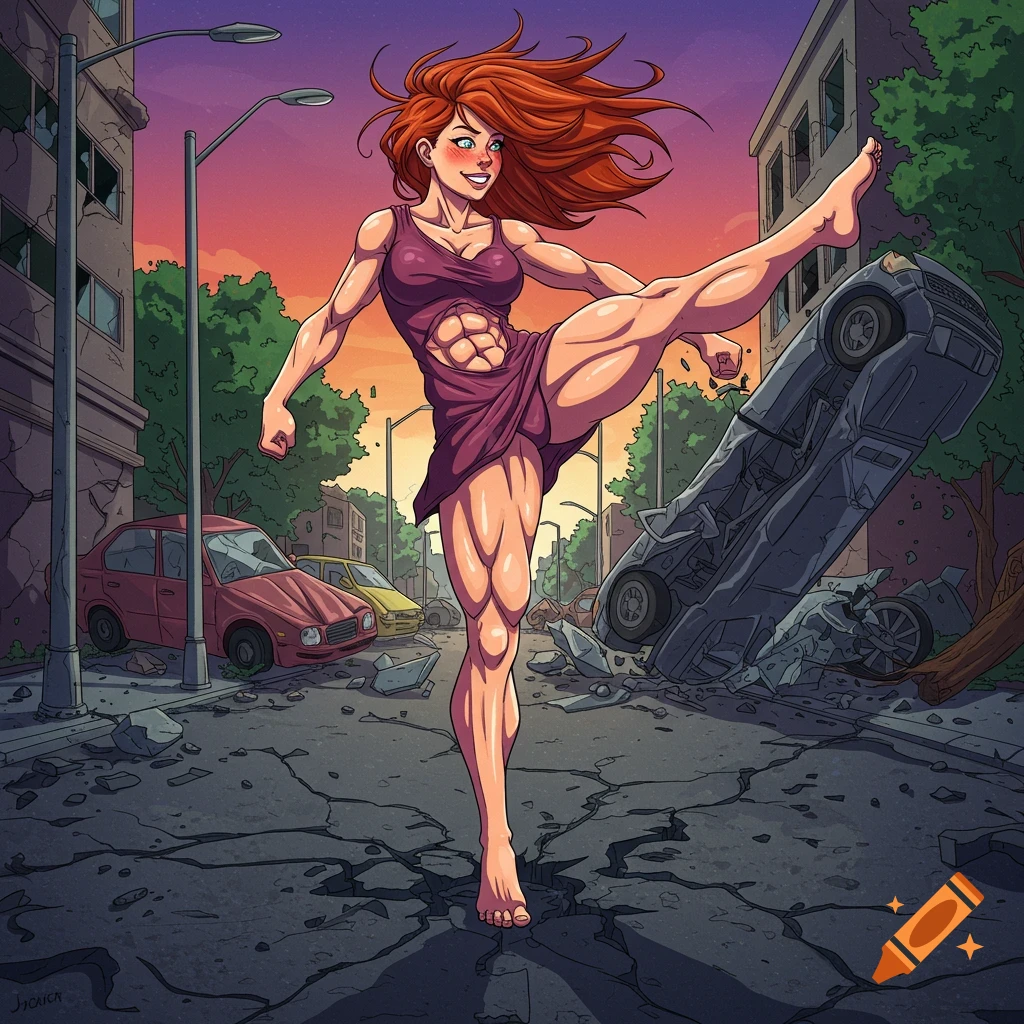 A superstrong, muscular woman with red hair in a purple dress kicks a car in a destroyed city street, digital illustration.