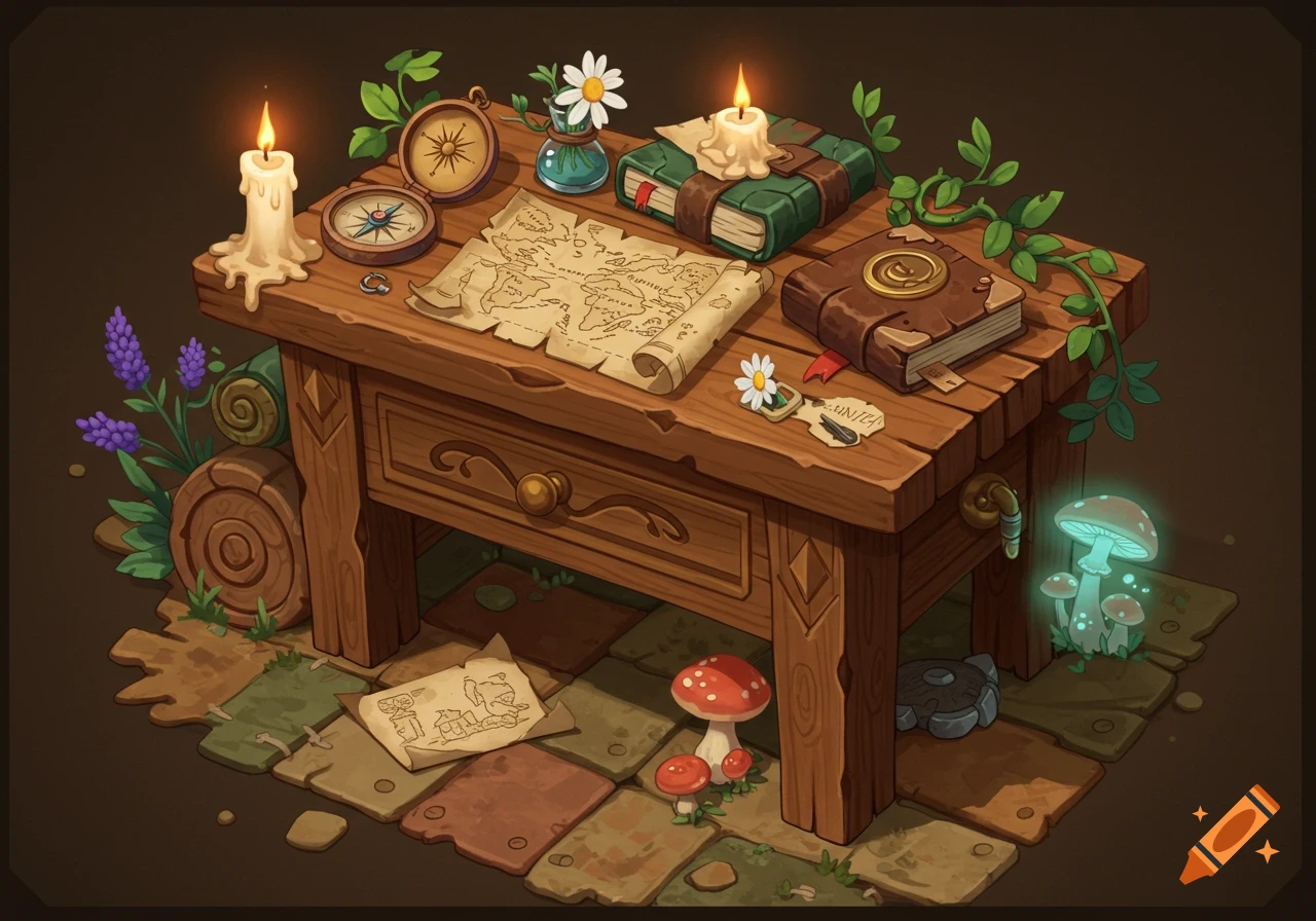 A stylized wooden table holds lit candles, an open compass, a map, and old books, surrounded by whimsical plants and mushrooms on a stone floor.