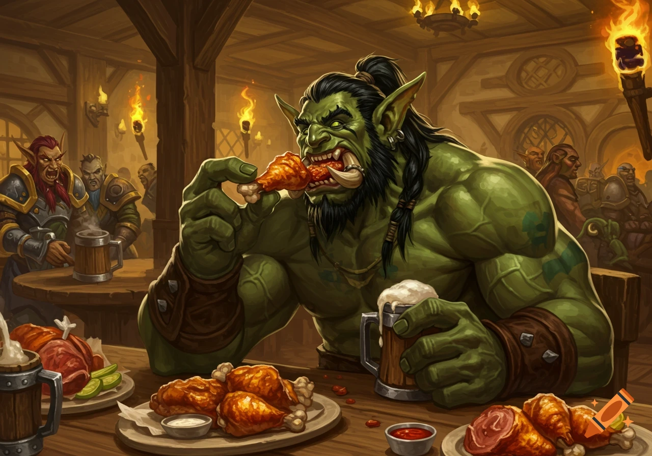 A large green orc-like creature with long dark hair and tusks eats a chicken leg in a bustling fantasy tavern, holding a mug of ale. Other fantasy characters are visible in the background.