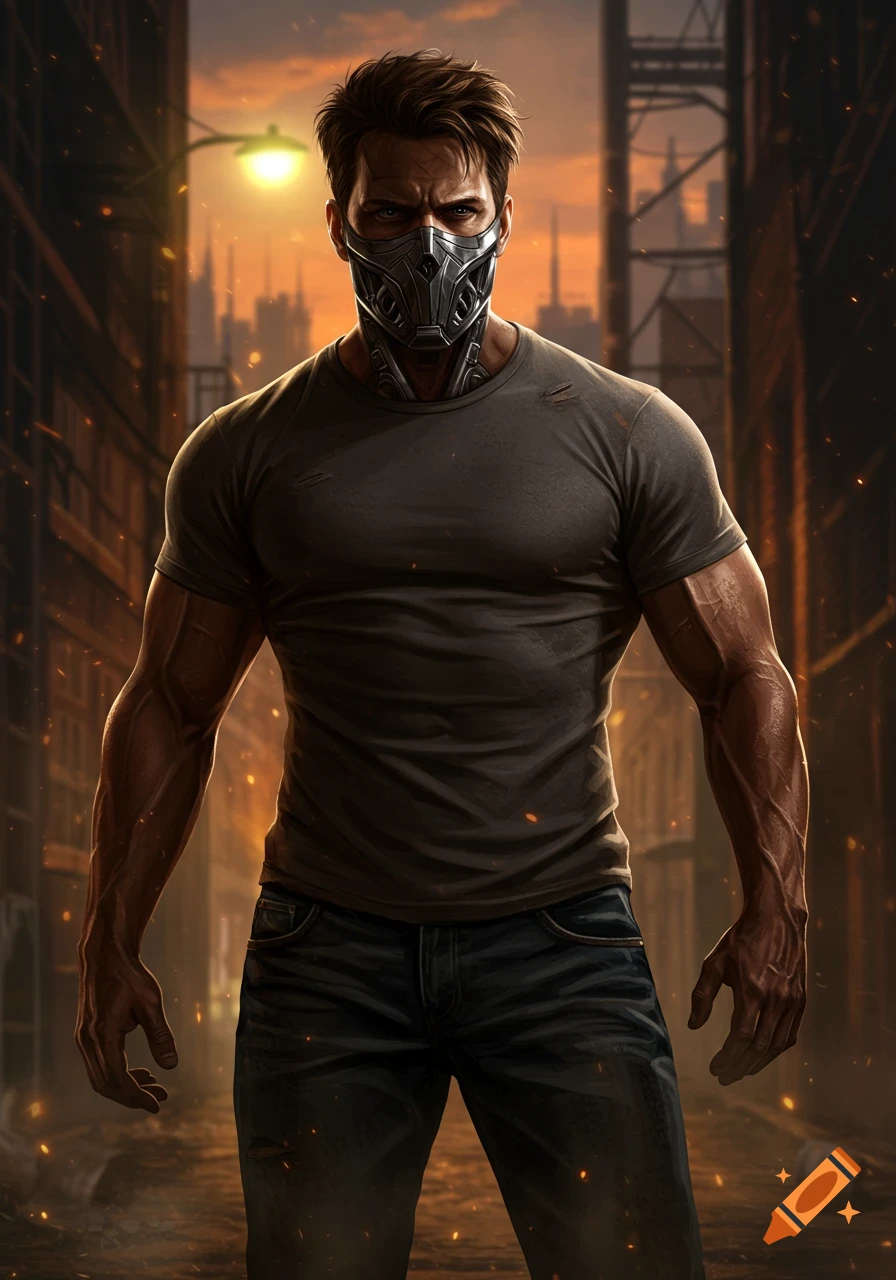 A muscular, battle-damaged man in a metal mask, gray t-shirt, and jeans stands in a dark city alley at sunset.