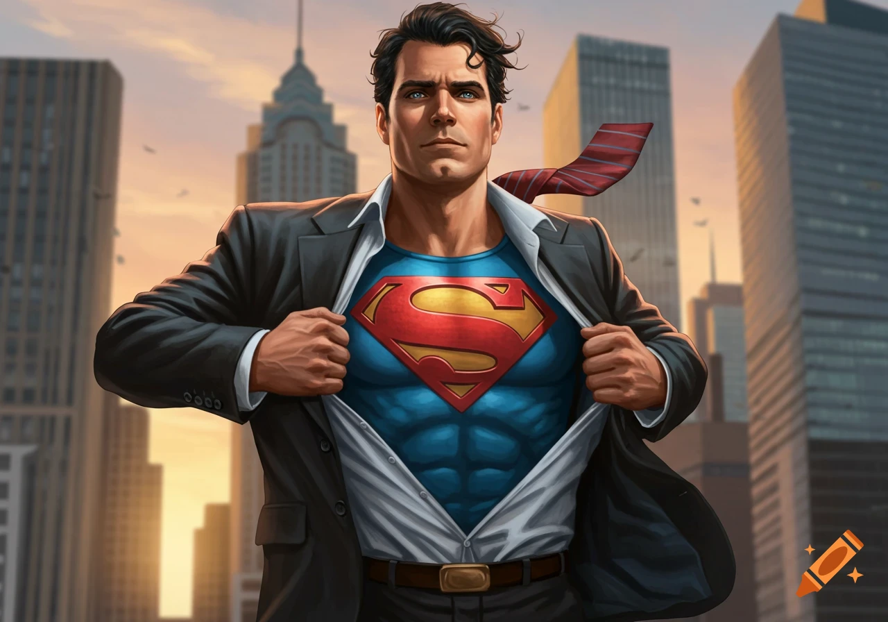 A man resembling Superman pulls open his suit to reveal the iconic S shield on his chest, standing in a city with skyscrapers at sunset.