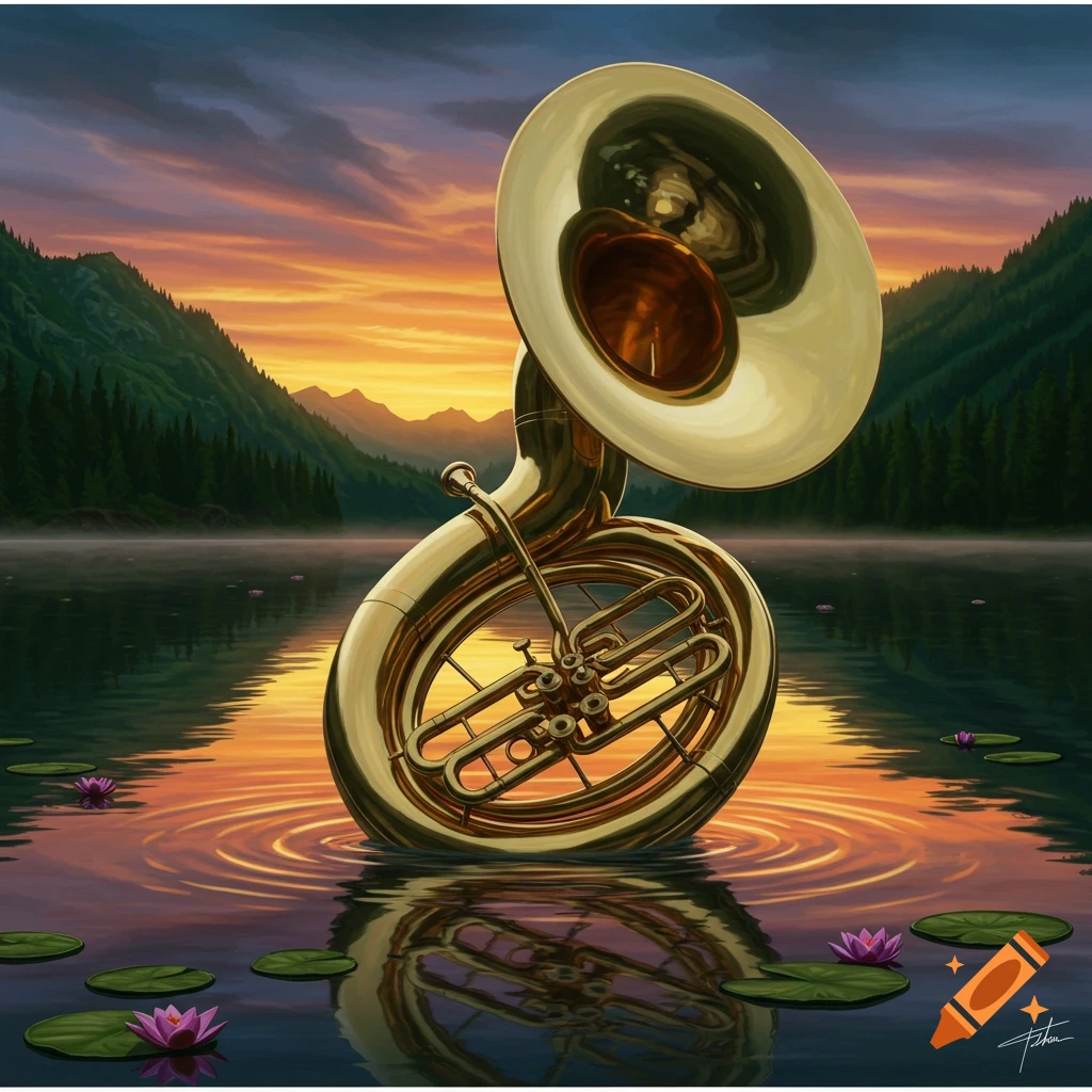 A golden sousaphone sits in a tranquil lake at sunset with mountains in the background and lily pads on the water, painted.