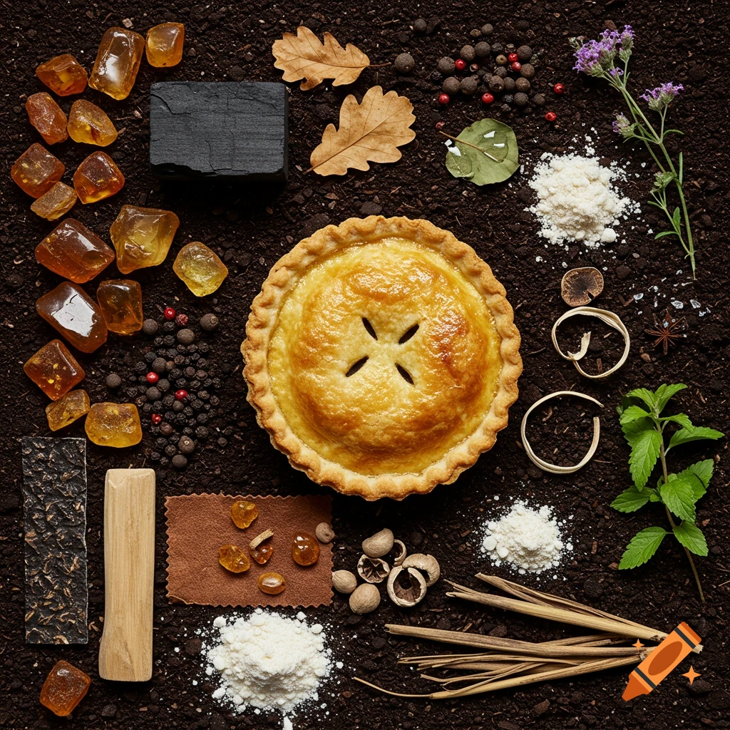 Top-down view of a golden baked pie surrounded by natural ingredients like amber, charcoal, leaves, spices, and herbs on dark soil.