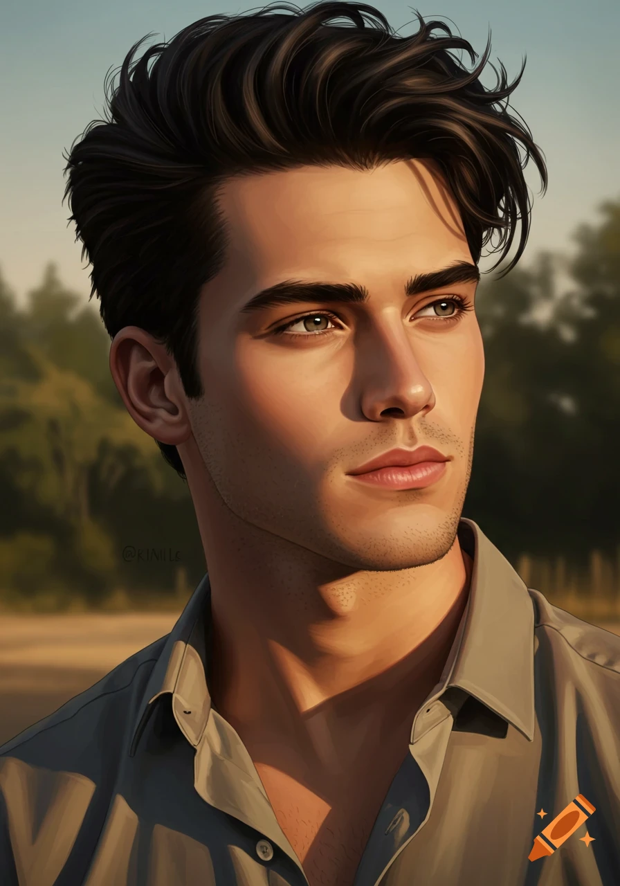 A detailed digital illustration of a handsome young man with dark, tousled hair and stubble, looking thoughtfully to the left.
