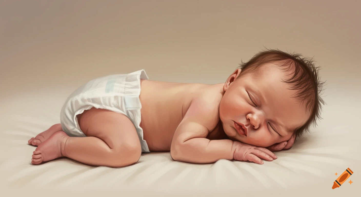 Photorealistic illustration of a sleeping newborn baby in a white nappy on a light surface.