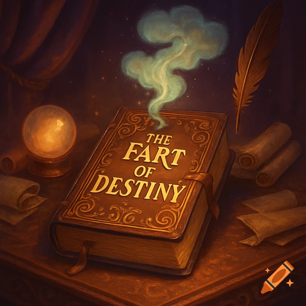 An ornate fantasy book titled 'THE FART OF DESTINY' with smoke rising from it, on a table with a glowing crystal ball and quill.