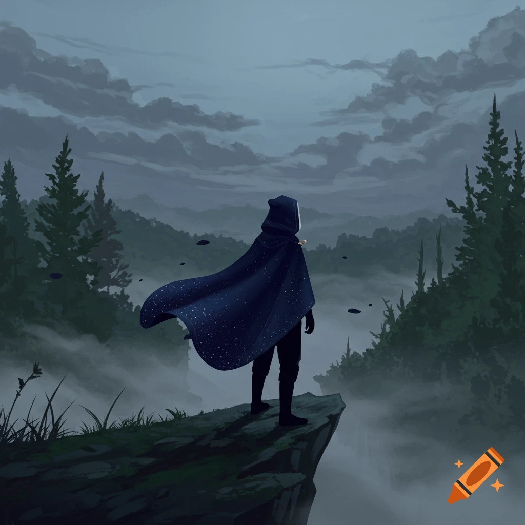 A figure in a dark, starry cape stands on a cliff overlooking a misty forest and mountains under a cloudy sky.