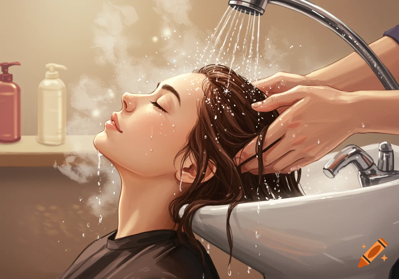 Illustrative digital painting of a woman with closed eyes getting her hair washed at a salon, water spraying over her head.