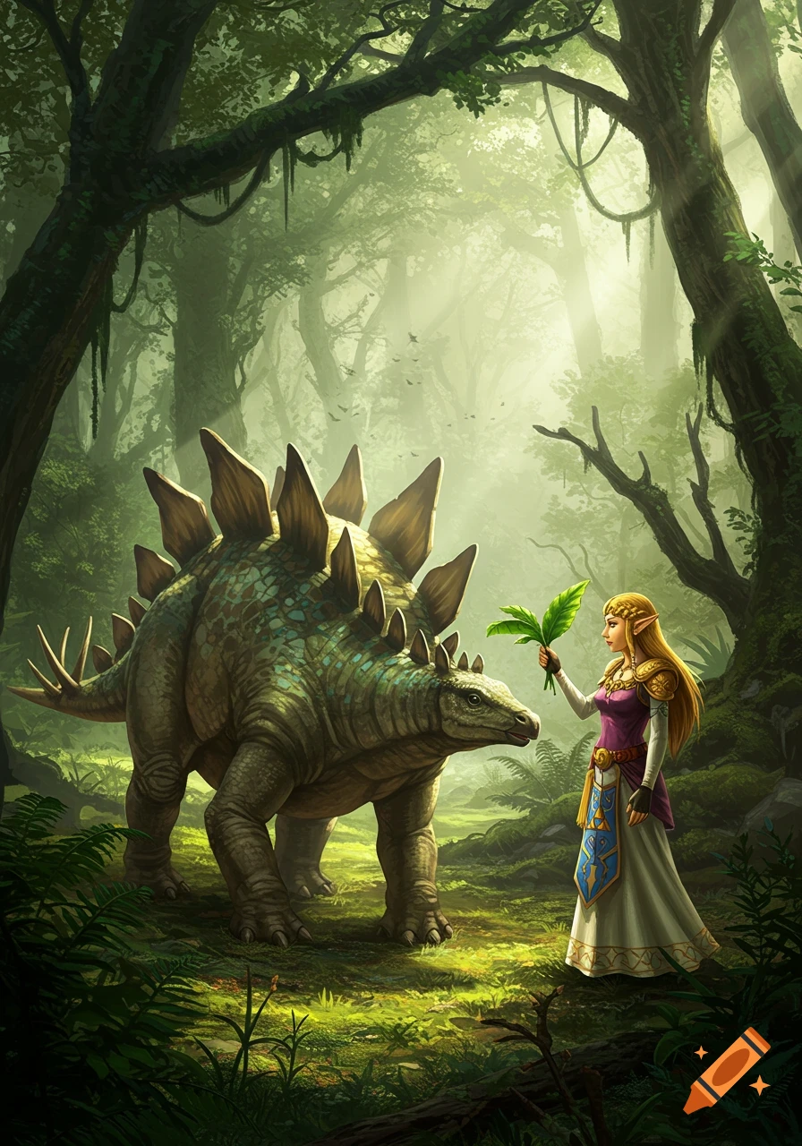 Princess Zelda feeds a large Stegosaurus-like dinosaur a leaf in a lush, sun-dappled fantasy forest.