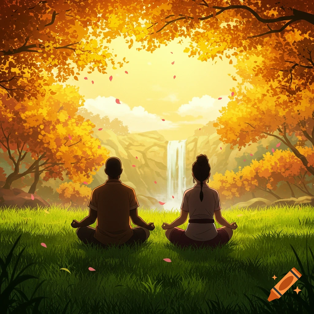 Anime illustration of a man and woman meditating in a grassy field, facing a waterfall under vibrant autumn trees with falling leaves.