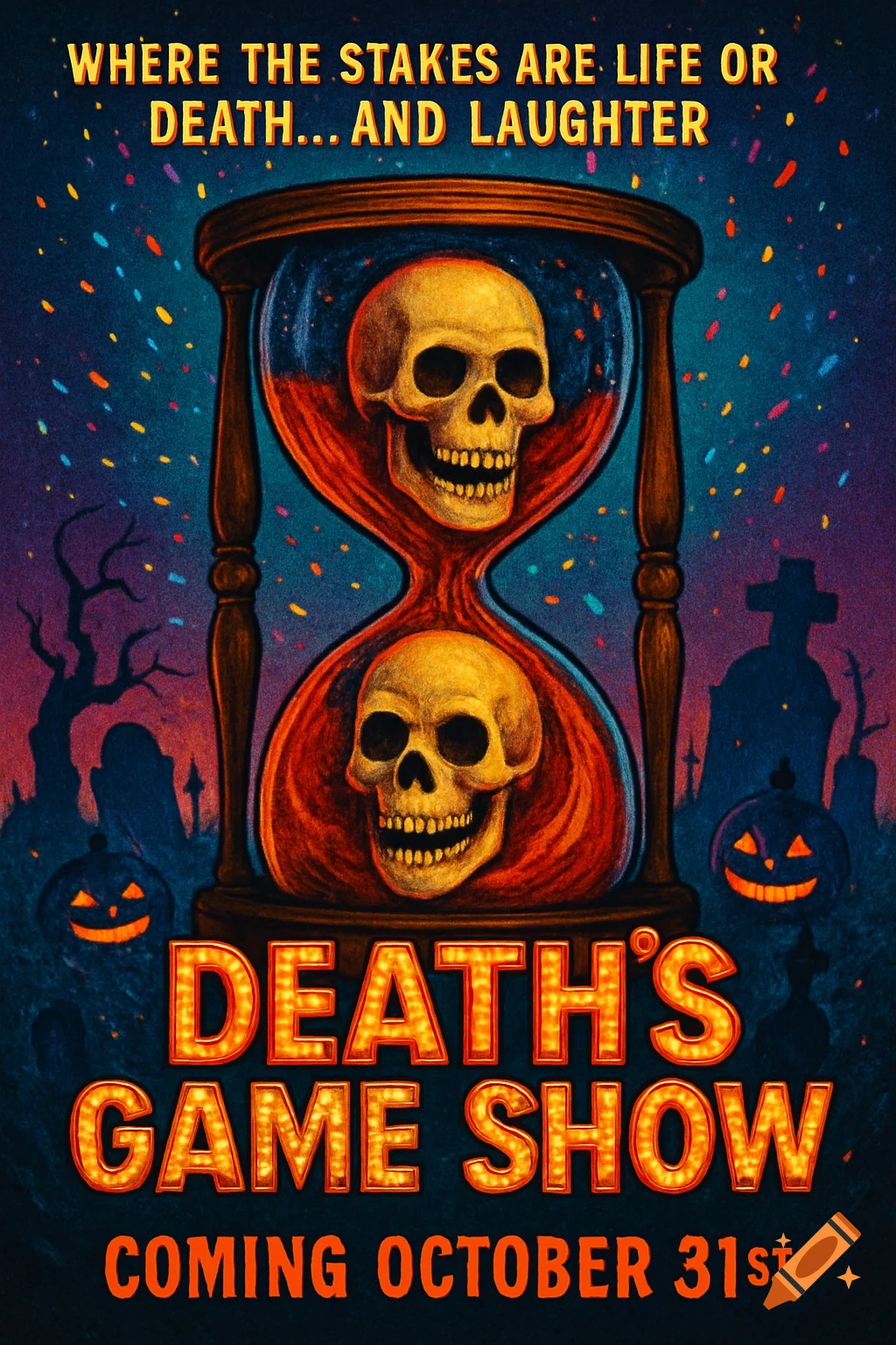 A vibrant horror-comedy poster with an hourglass containing two skulls, set in a graveyard. Features text "Death's Game Show".