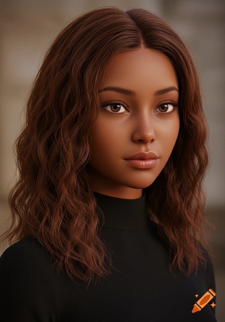 Photorealistic portrait of a tan-skinned teenage girl with auburn hair and brown eyes wearing black clothes.