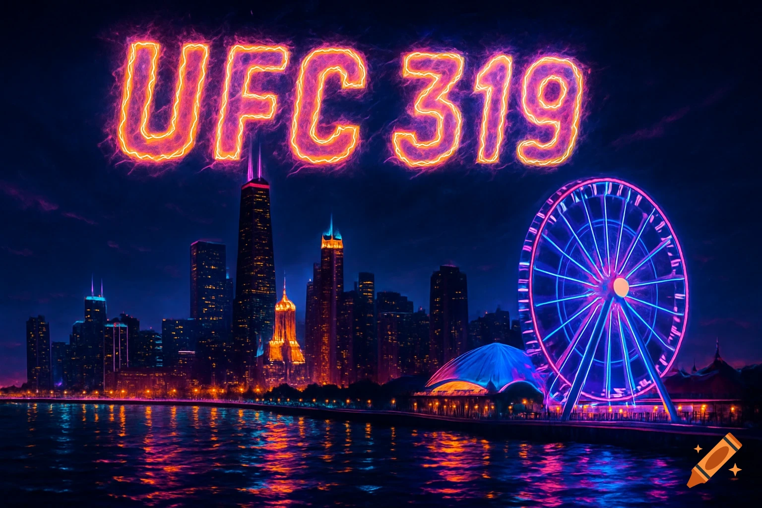 Neon 'UFC 319' text floats above a glowing Chicago skyline with a bright blue and pink Ferris wheel and water reflections.