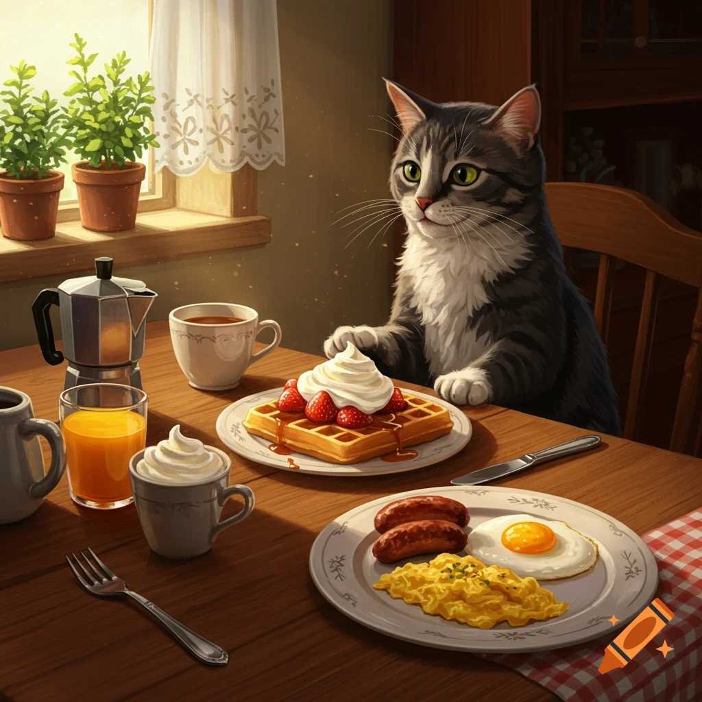 A tabby cat sits at a wooden table set with a strawberry waffle, whipped cream, scrambled eggs, fried egg, sausages, and beverages.