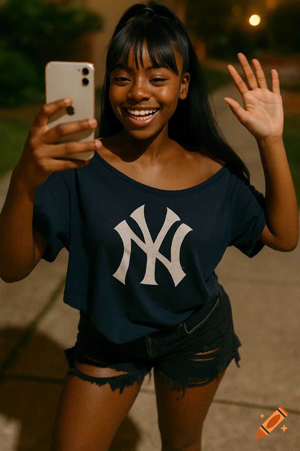 A smiling teenage girl with a ponytail takes a selfie outdoors at night, waving with one hand, wearing a navy NY shirt and ripped shorts.