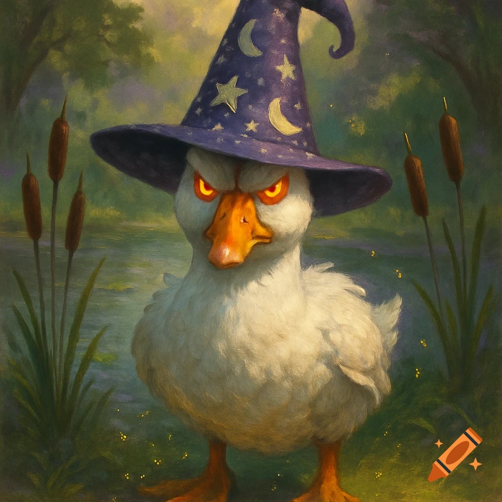 An angry white goose wearing a purple wizard hat with glowing orange eyes stands in a swamp with cat-tails, in an illustrative style.