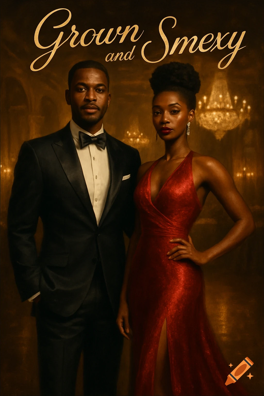 A photorealistic image of a Black man in a tuxedo and a Black woman in a red gown, standing in a grand hall, with the title 'Grown and Smexy'.