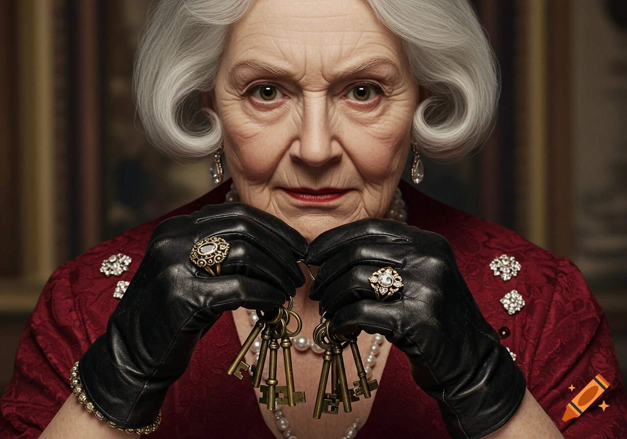 Photorealistic portrait of an old lady with white hair, wearing black gloves and jewelry, holding brass keys.
