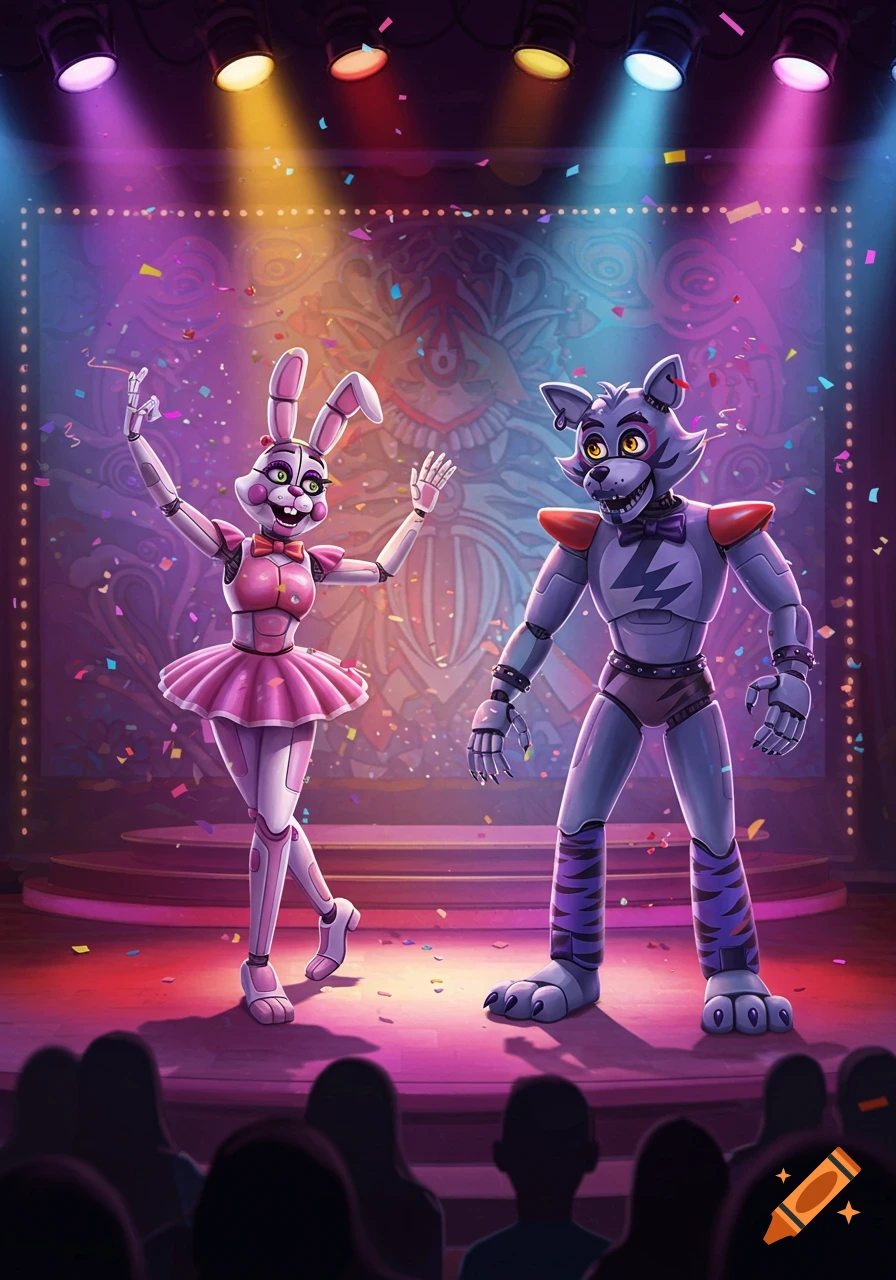 A pink bunny animatronic and a gray wolf animatronic stand on a brightly lit stage, performing as colorful confetti falls around them.