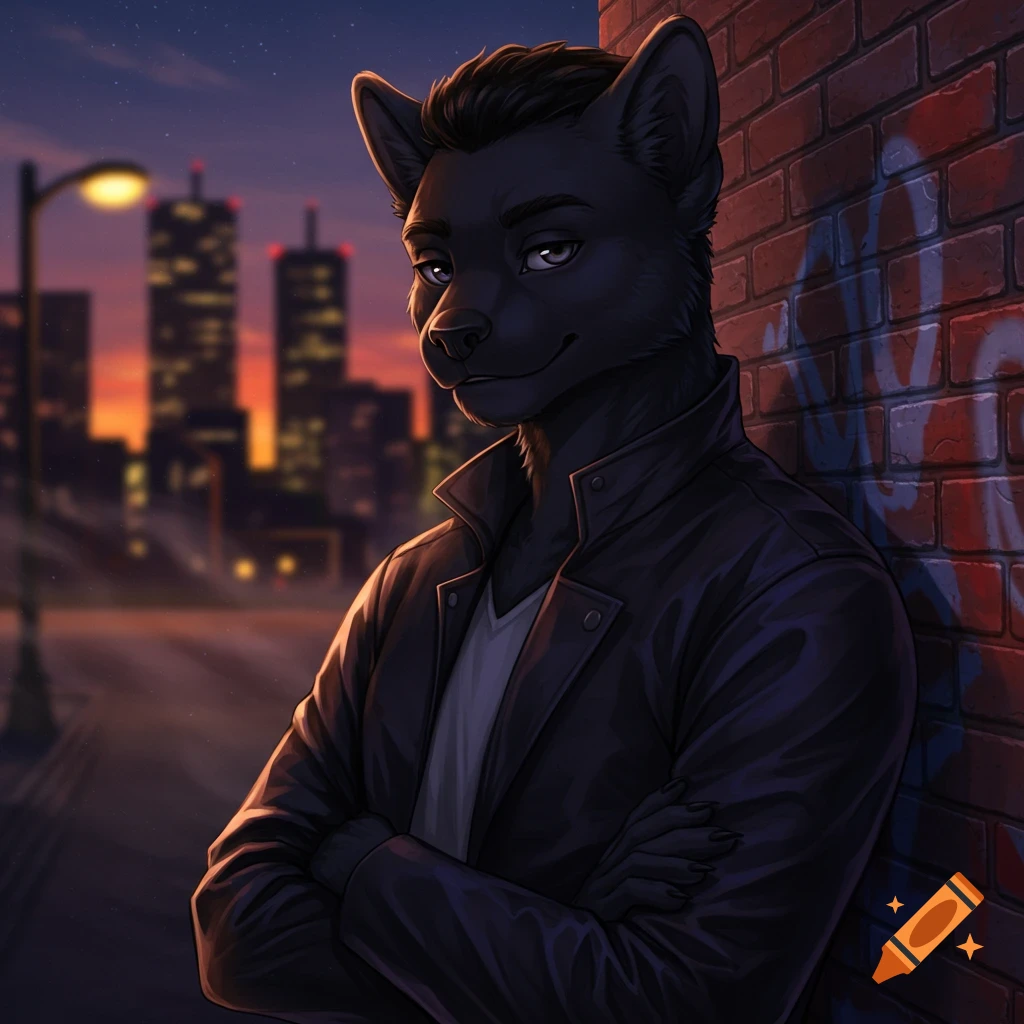 A black furry character in a leather jacket leans against a brick wall with graffiti, a city skyline at sunset in the background.