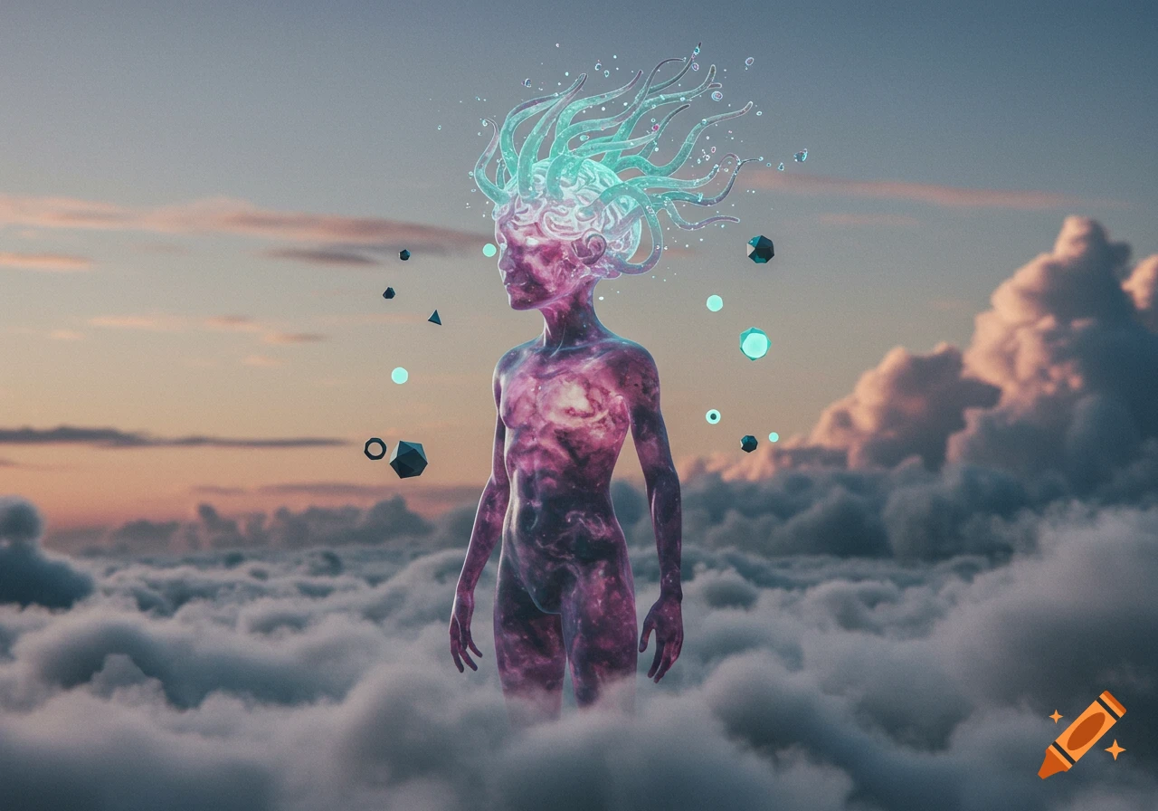 A cosmic, translucent purple humanoid figure with teal tentacles for hair stands in a sea of clouds under a sunset sky, surrounded by floating geometric shapes and glowing orbs.