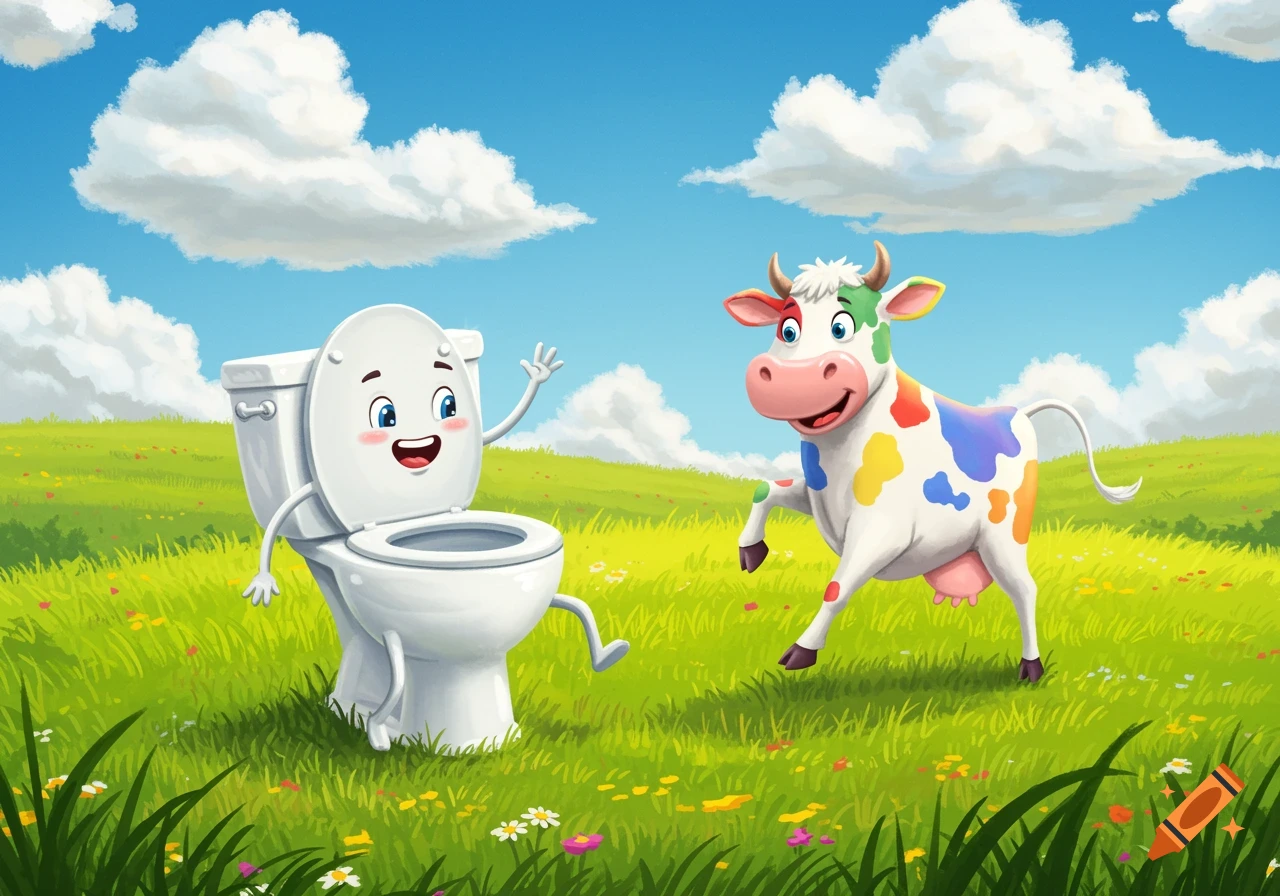 A cartoon toilet with a face waves at a colorful cow in a grassy field under a blue sky.