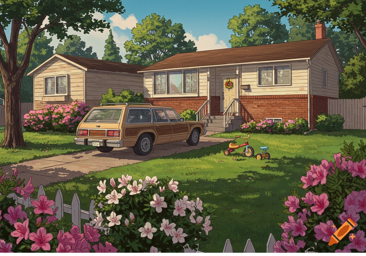 A cartoon-style depiction of a suburban house from the 1980s with a woody station wagon in the driveway, surrounded by green lawn and pink flowers.